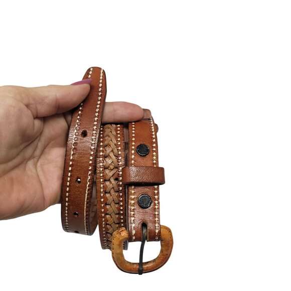 Vtg Handmade Cognac Braided Tooled Western Leather Belt 28\